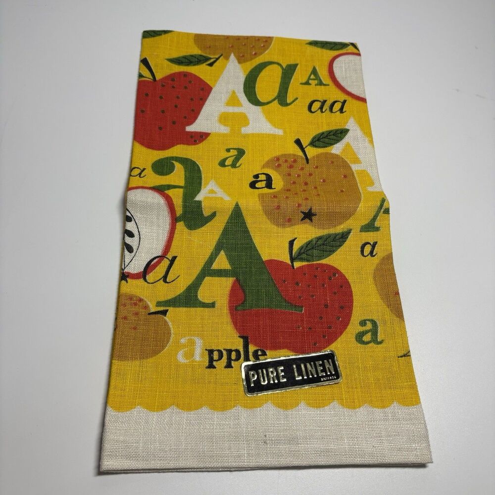 Tea Towel “A is for Apple” Pattern NWT Pure Linen 28x16